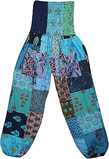 Mogul Interior Blue Patchwork Print Bohemian Pants, Baggy Pants, High Waist Pants S/M/L