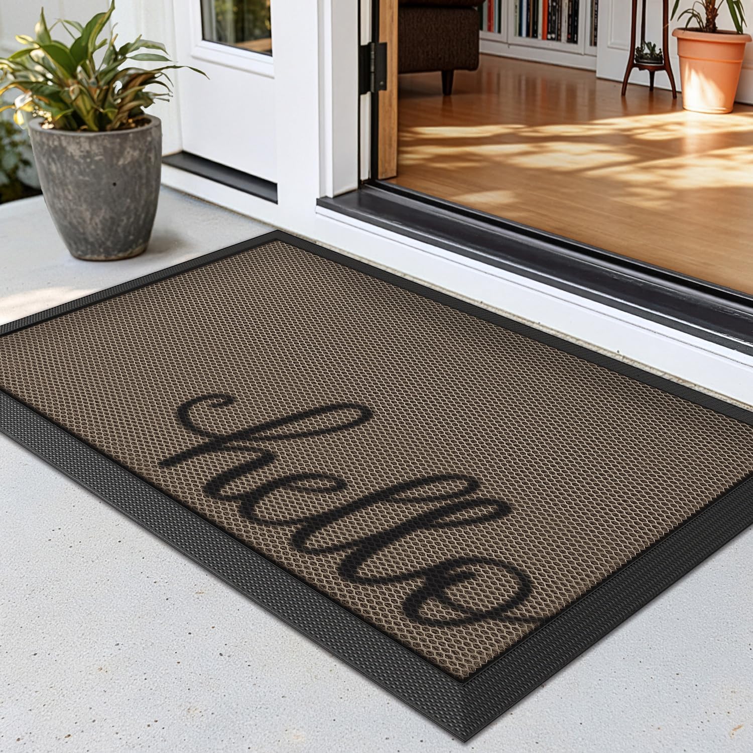 LUMI Outside Welcome Door Mat 24x36, Non Slip Durable Rubber Entrance Doormat, Low Profile Easy Clean Mats for Front Back Door Entryway Porch Garage, Hello