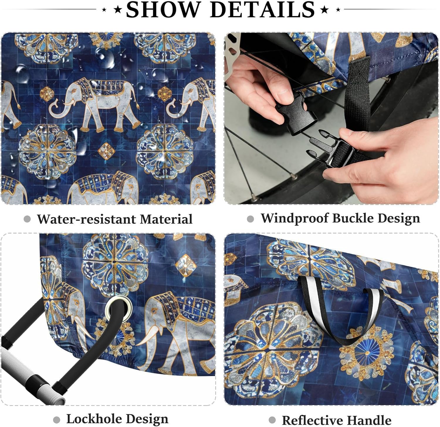Elephants Dark Blue Electric Bike Cover Waterproof Outdoor Rain Cover Bikes Storage