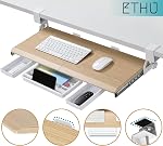 ETHU Keyboard Tray for Corner Desk - Under Desk Keyboard Shelf with C-Clamp, 26.8" x 11.8" Keyboard Tray with Soft-Close Sliding for L-Shaped Desks up to 1.57" Thick, Oak