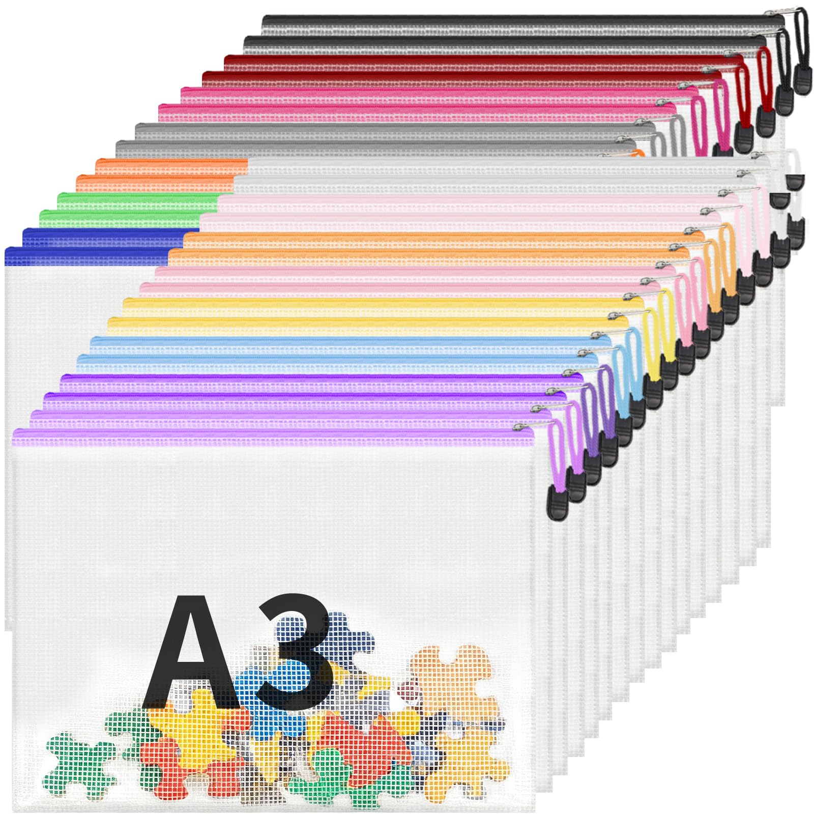 ReePlan 30 Pack A3 Mesh Zipper Pouch Bags, Large Waterproof Plastic Zip Wallets for Board Game Storage, Puzzle Organiser, Toy Storage, Travel Bag Organiser & Document Filing, 15 Colours