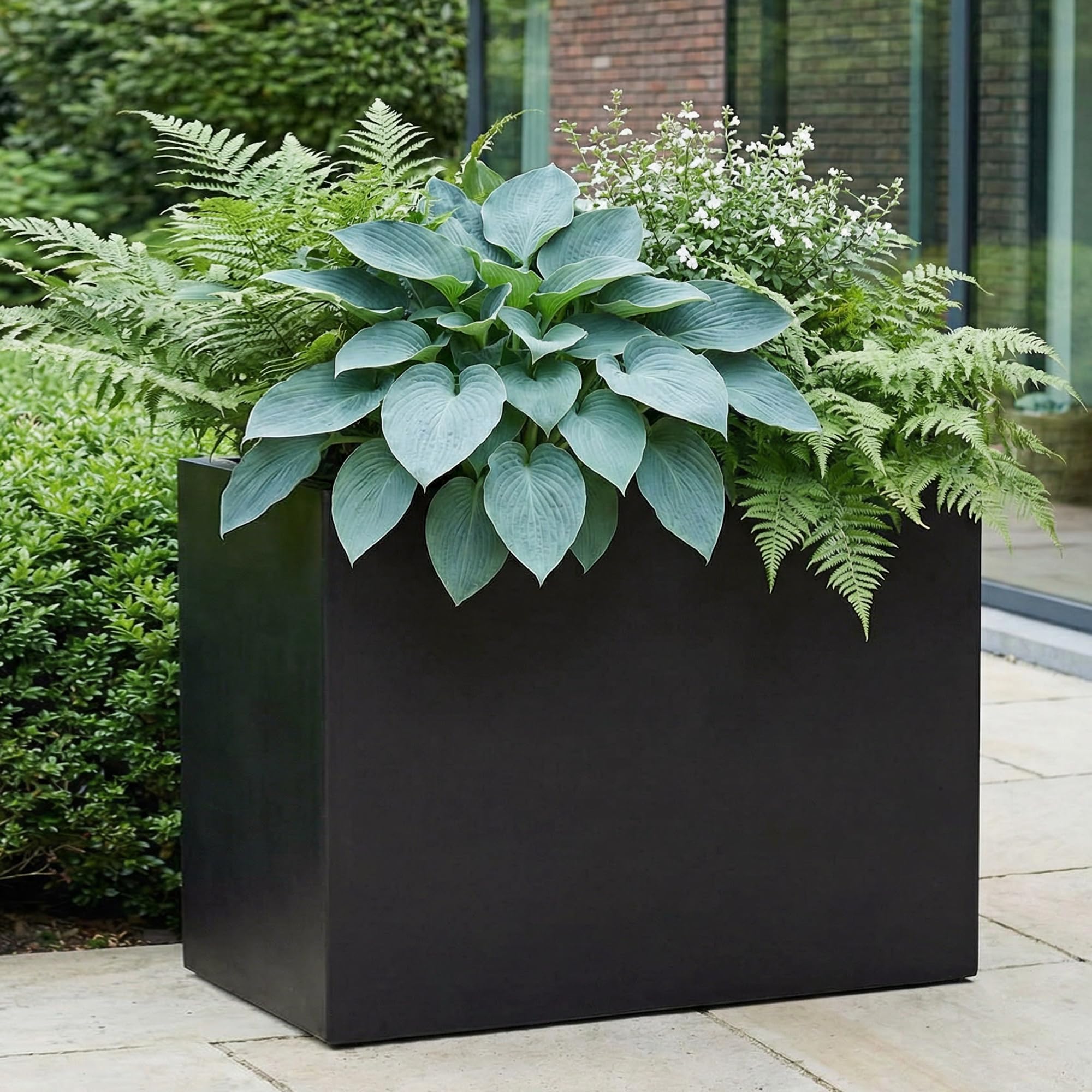 IDEALIST 60cm Large Trough | Black Reinforced Stone Rectangular Planter | Garden Plant Pots with Drainage Holes L60 W30 H50 cm, 91 litres