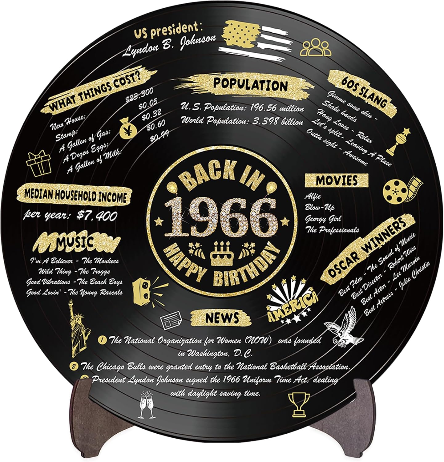 Holkcog 60th Birthday Party Decorations for Men Women, Back in 1966 Poster Vinyl Record, 60th Party Poster Sign With Stand, 60th Anniversary Class Reunion Gift, 1966 Themed Table Decor 60 Year Party