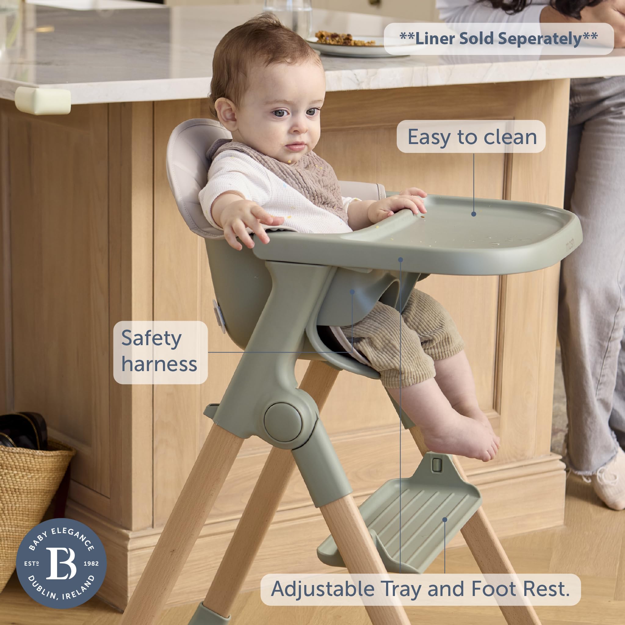 Mash - Trona de Baby Elegance | Trona salvia para bebés y niños pequeños con reposapiés ajustable, bandeja extraíble y almohadilla de asiento | Plegable y portátil