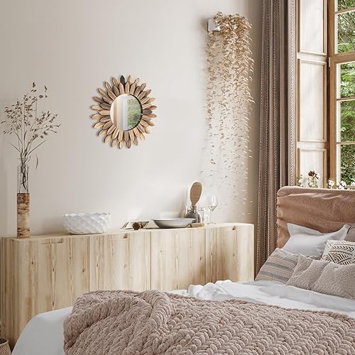 Miniatura 8 de Espejo de pared decorativo, espejos bohemios pequeños de madera rústica de 12 pulgadas, espejos transparentes con rayos solares para el hogar,