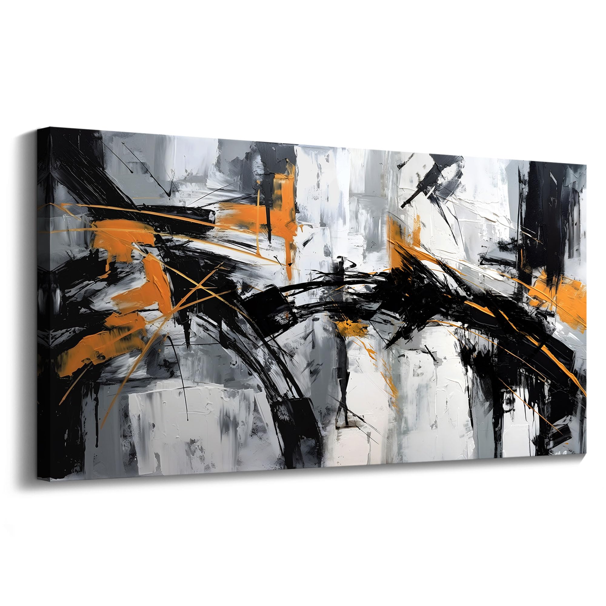 Abstract Canvas Wall Art Elegant and Modern Wall Art for Living Room - Canvas Wall Decor for Office and Home - Large Framed Artwork for Walls Black, White, Gray and Unique Orange Accents 48×24in