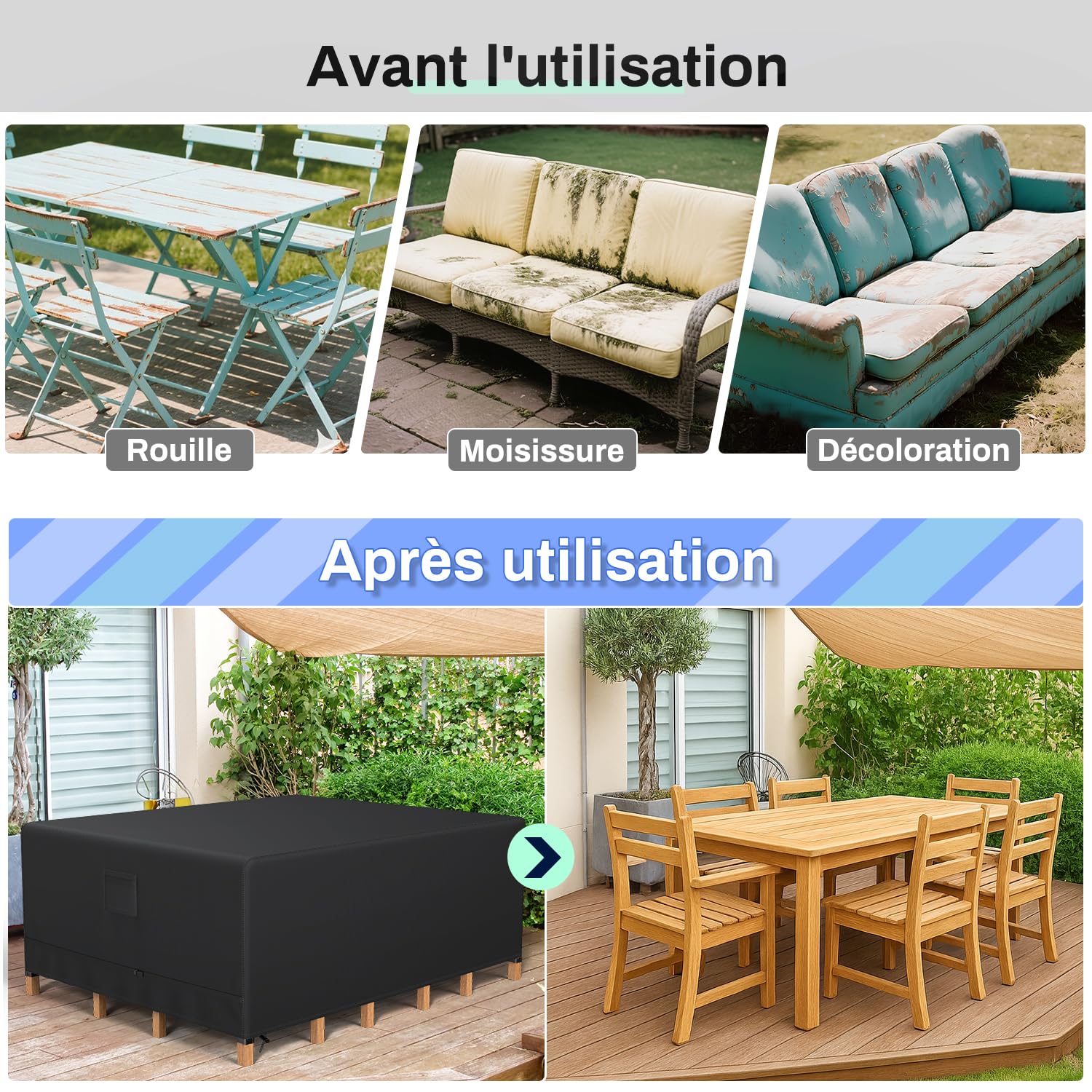 Housses pour Mobilier de Jardin 242 * 162 * 100cm, Housse de Protection Salon de Jardin Imperméable, Bache Table de Jardin en Tissu Oxford, 600D