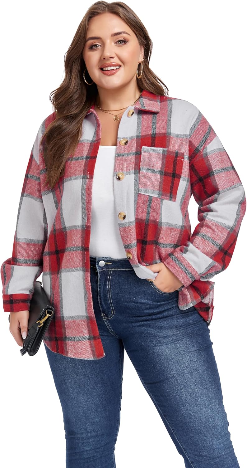 Plus Size Plaid Shacket Jacket for Women Long Sleeve Button Down Blouses Flannel Shirts Casual Coats XL-5XL - Image 3