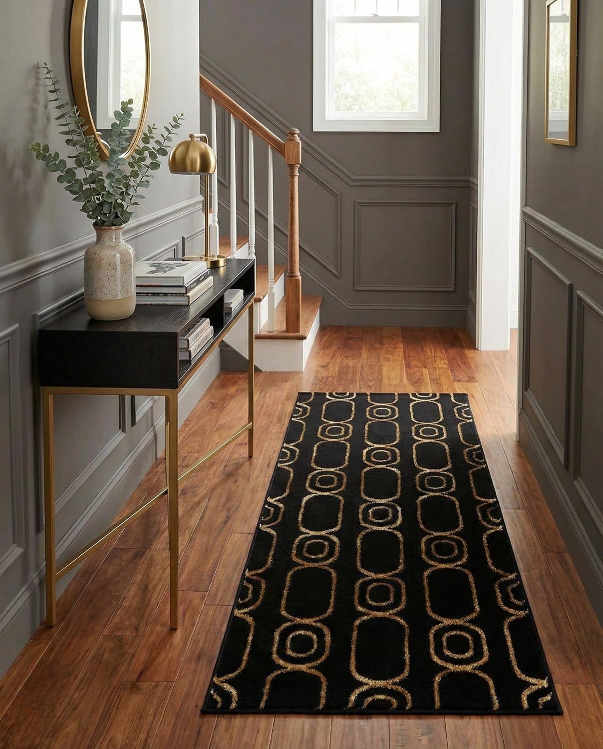 Rugs.com - Vogue Geo Rug – 5 Ft Runner Black and Gold Modern Textured Rug – Perfect for Hallways, Entryways, and Narrow Spaces