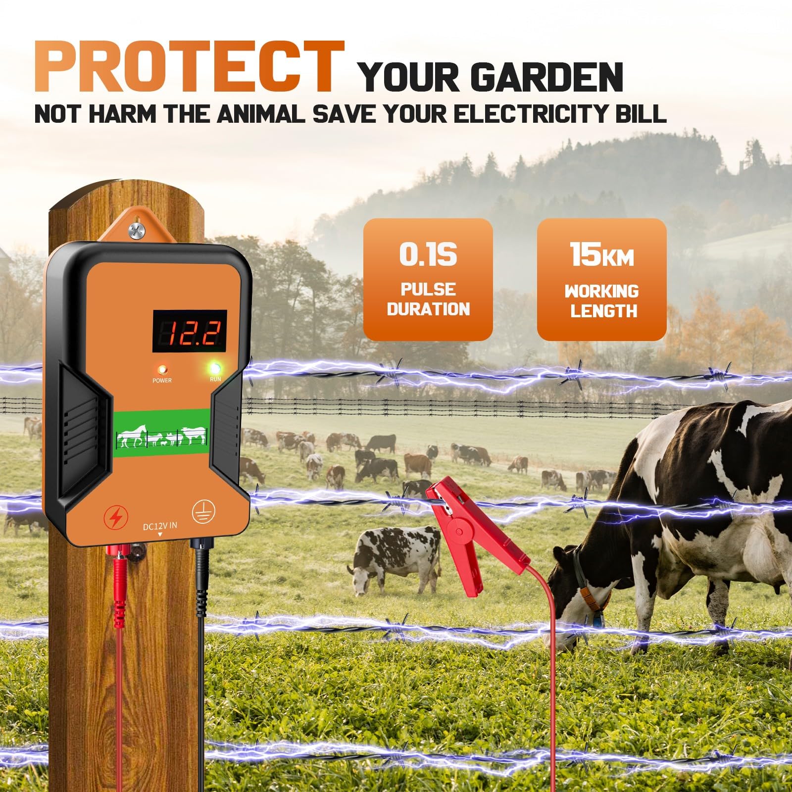 15KM Elettrificatore Per Recinto Elettrico, Recinzione Elettrica per Animali, Per Animali, Allevamento Di Pollame, Pastore, Strumento Per Recinzione Impermeabile (Arancione)