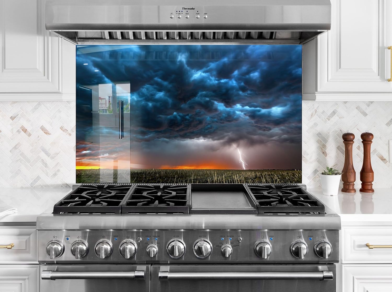 Myphotostation.com 35.4Wx14H''Tempered Glass Clouds Lightning Backsplash Design Cooker Wall Backsplash Panel Glass Splashback for Kitchen Panel Design Sky View Splashback Tile