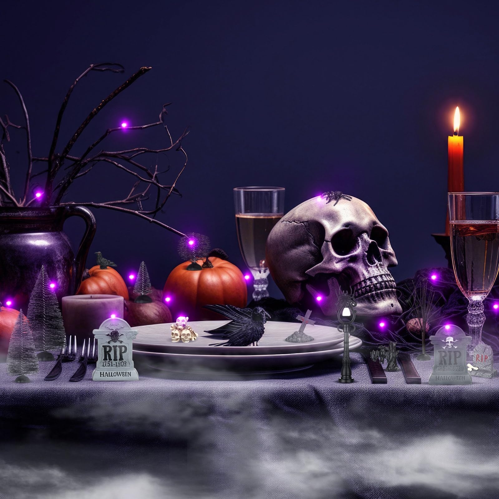 Zeyune Halloween-Dorf-Zubehör-Set, nackte Zweige, Flaschenbürste, Bäume, Halloween-Nacht-Straßenlampen, Figuren-Set mit LED-Lichterkette für Party-Dekoration (Skelett, 33 Stück)
