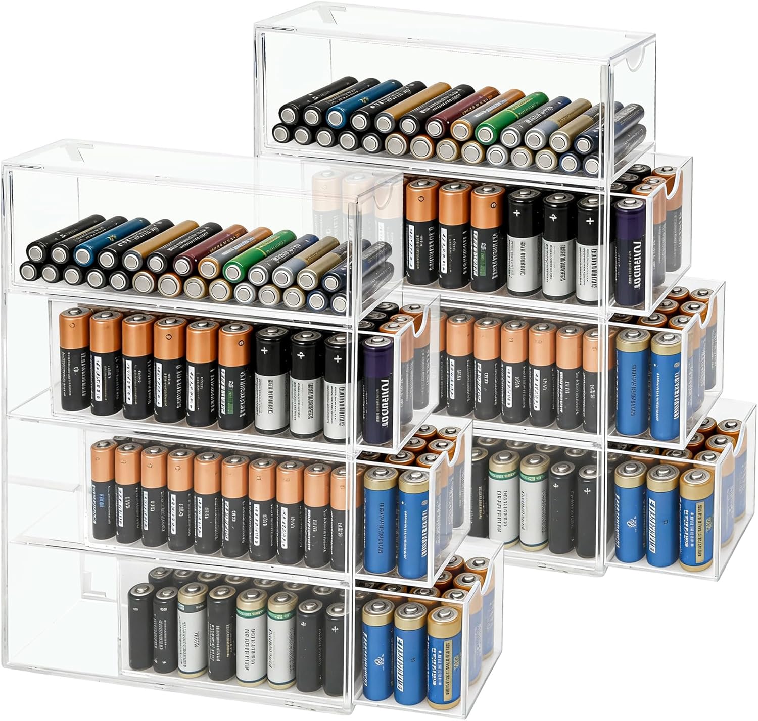 SIBAO 2 Pack Transparent Acrylic Battery Storage Case for AA, AAA, 9V, C D Batteries.4-Boxes Battery Storage Organizer for Common Types(Batteries Not Included)