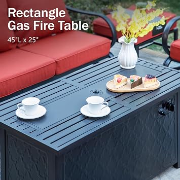 PHI VILLA Patio Furniture with 1 x 45 Metal FirePit Table, 1 x 3-Seat Wide Deep Seating Bench, 2 x Swivel Sofa Chairs & 2 Ottomans, 5.75 Thick Cushioned Outdoor Conversation Set for 5,Red