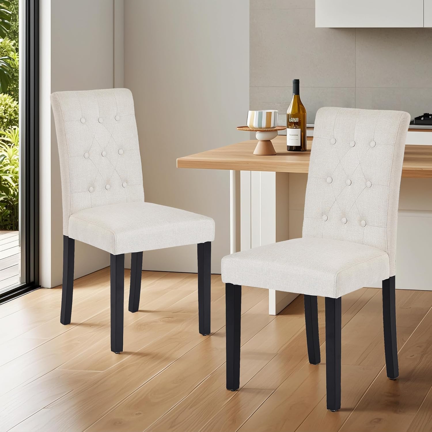 VECELO Upholstered Dining Chairs Set of 2, Button Tufted Back, Padded Seat, Wood Legs with Rubber Footpads, Accent Parsons for Living Room/Kitchen, Beige
