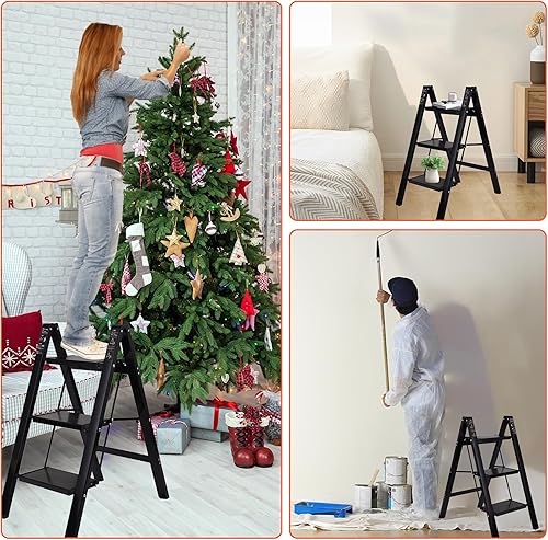 Miniatura 7 de Escalera de 3 escalones, de aleación de aluminio multiusos, ligera, portátil, plegable, con pedales anchos antideslizantes para el hogar, cocina,