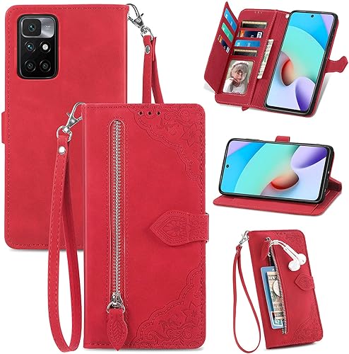 Miniatura 10 de Funda tipo cartera con diseño de almacenamiento con cremallera para Xiaomi Redmi Note 11 4G, piel agradable al tacto con cierre magnético y ranuras