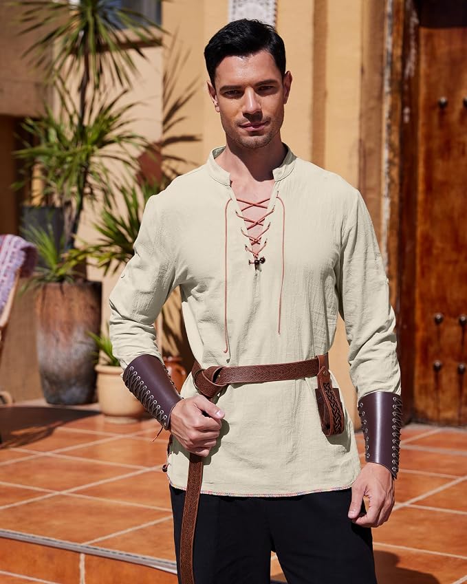 Dune Halloween Costume Men Mymyguoe Linen Shirt Men's Medieval Vintage Lace-up Shirt Summer Linen Long Sleeve Shirt Retro Victorian Pirate Shirt Steampunk Viking Costume Casual Mens Long Sleeve Linen Shirt