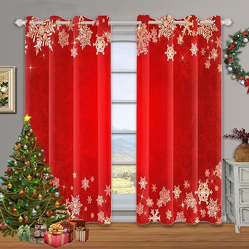 Renaiss Cortinas opacas de Feliz Navidad, copos de nieve blancos, flor de pascua, cortinas de ventana de dormitorio rojas con aislamiento térmico