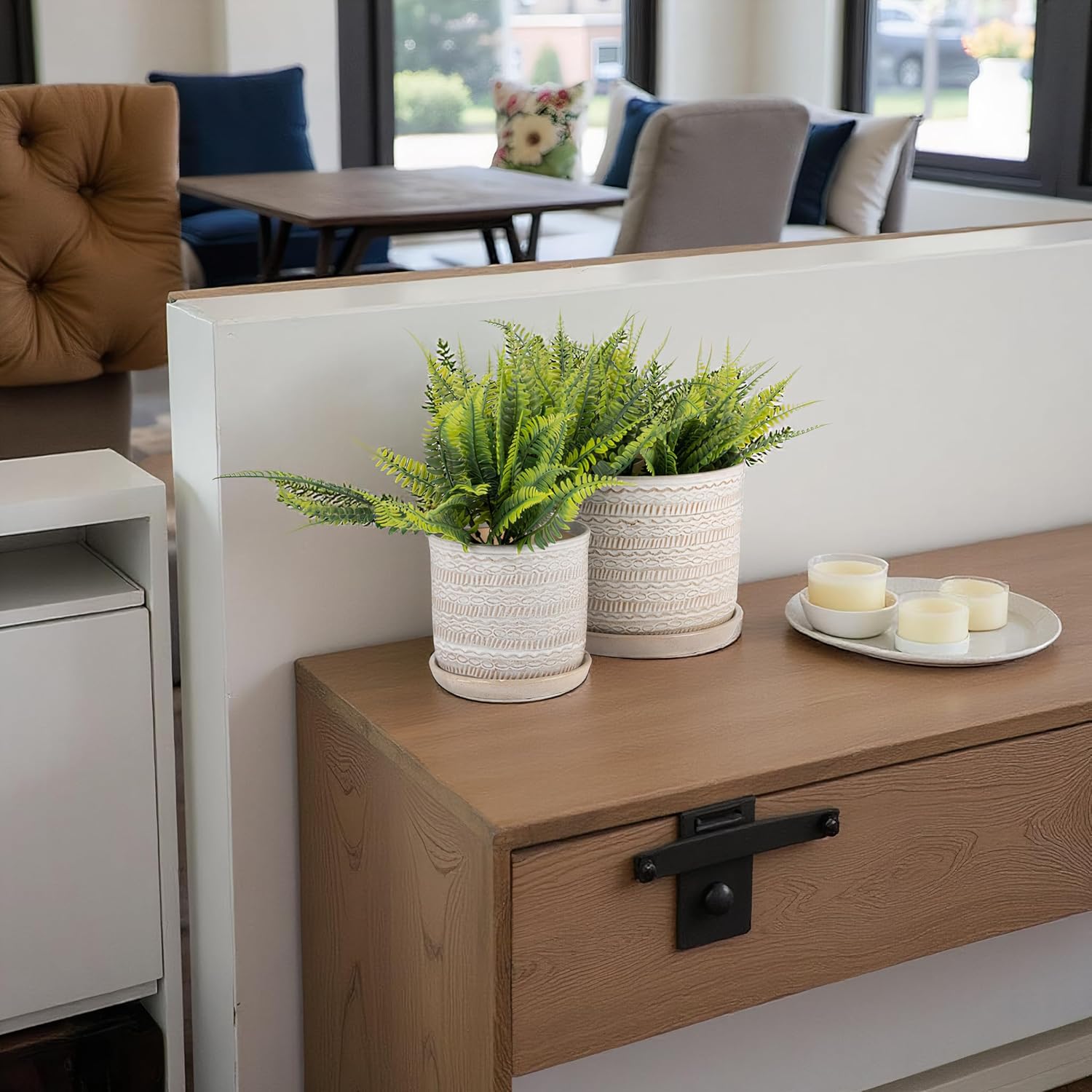 Sagebrook Home Set of 2 Stoneware Ceramic Planters with Saucers –Decorative Indoor & Outdoor Plant Pots – Modern Home & Garden Décor – Ivory & Tan Textured Tribal Design 6" & 8"