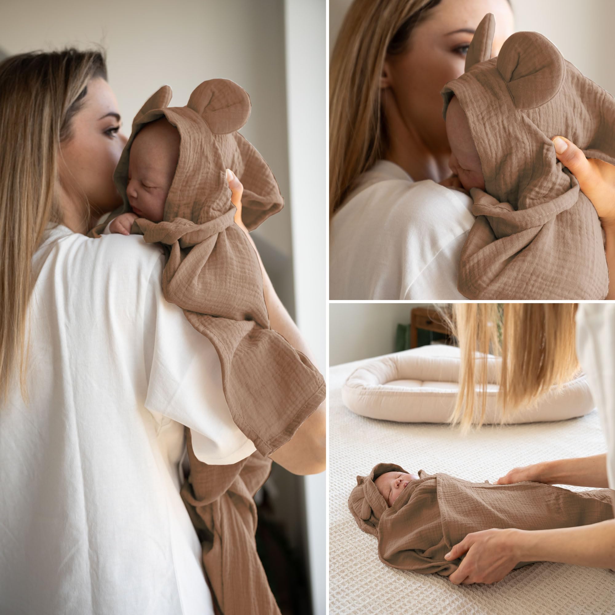 PaLulli® Protector de muselina para bebé de 2 caras con paño, muselina transpirable, toalla con capucha y orejas cosidas, 100 % muselina Oeko TEX, capullo para cuna (marrón)