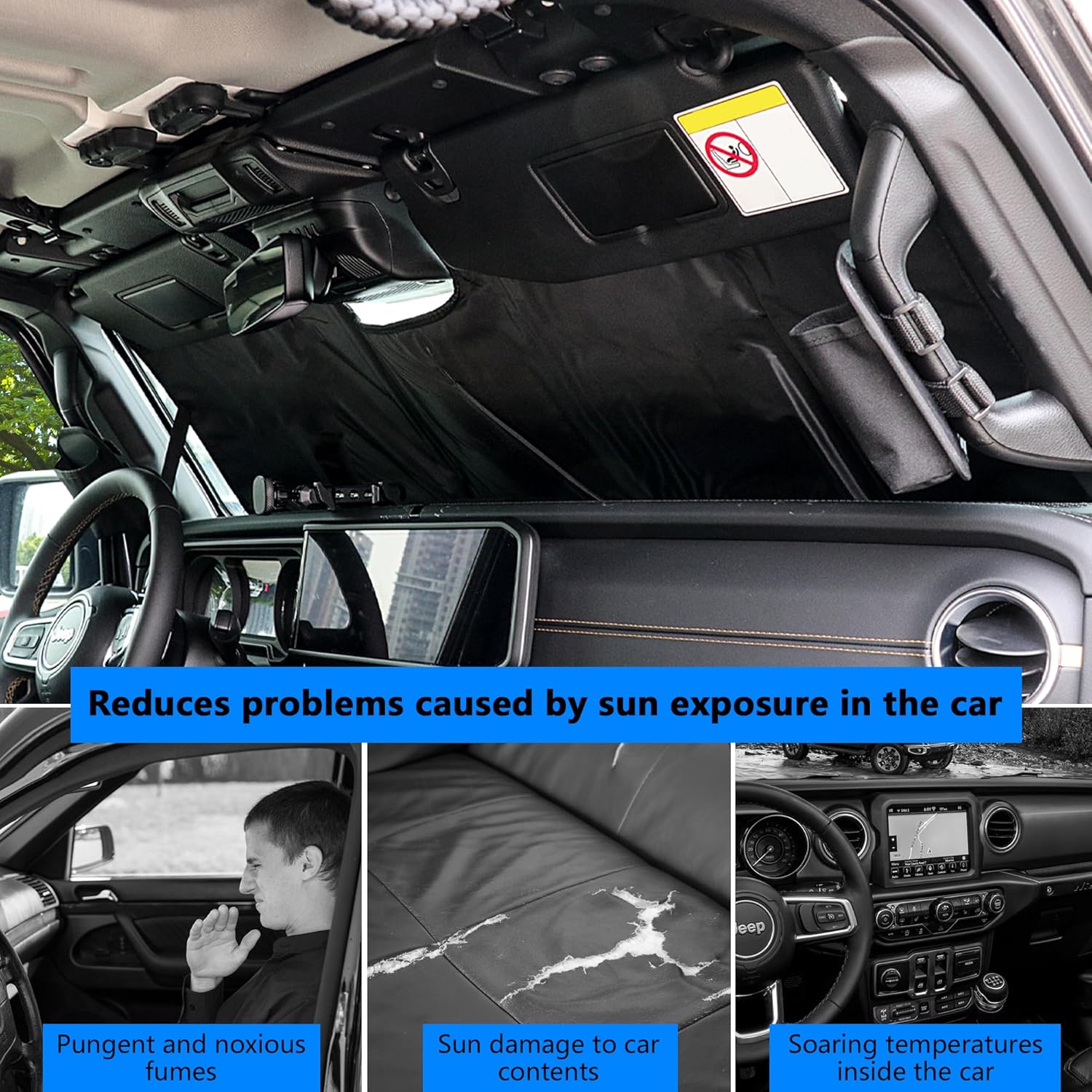 Windshield Sunshade Compatible with 2024 2025 Jeep Wrangler JL 2/4Door Accessories Front Window Sun Shade Full Cover, Aluminum Foil Heat UV Protection Visor Accessories, Star