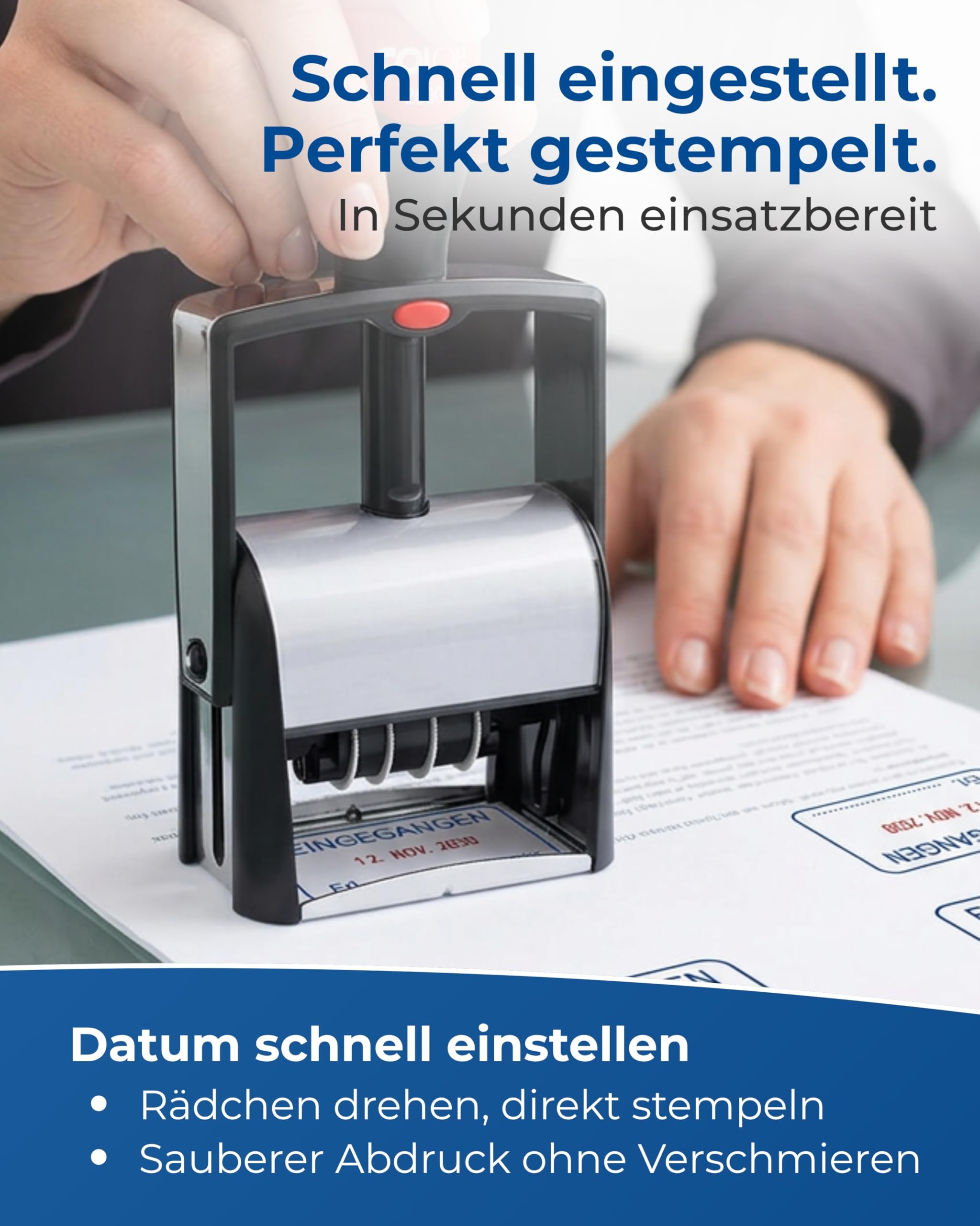 Colop 2660 Datumstempel mit Text EINGEGANGEN Datum deutsch Abdruck blau/rot im Karton 135867 klein | Abdruck 37 x 58 mm I selbstfärbender Bürostempel mit integriertem Stempelkissen blau/rot I ideal für Bürobedarf