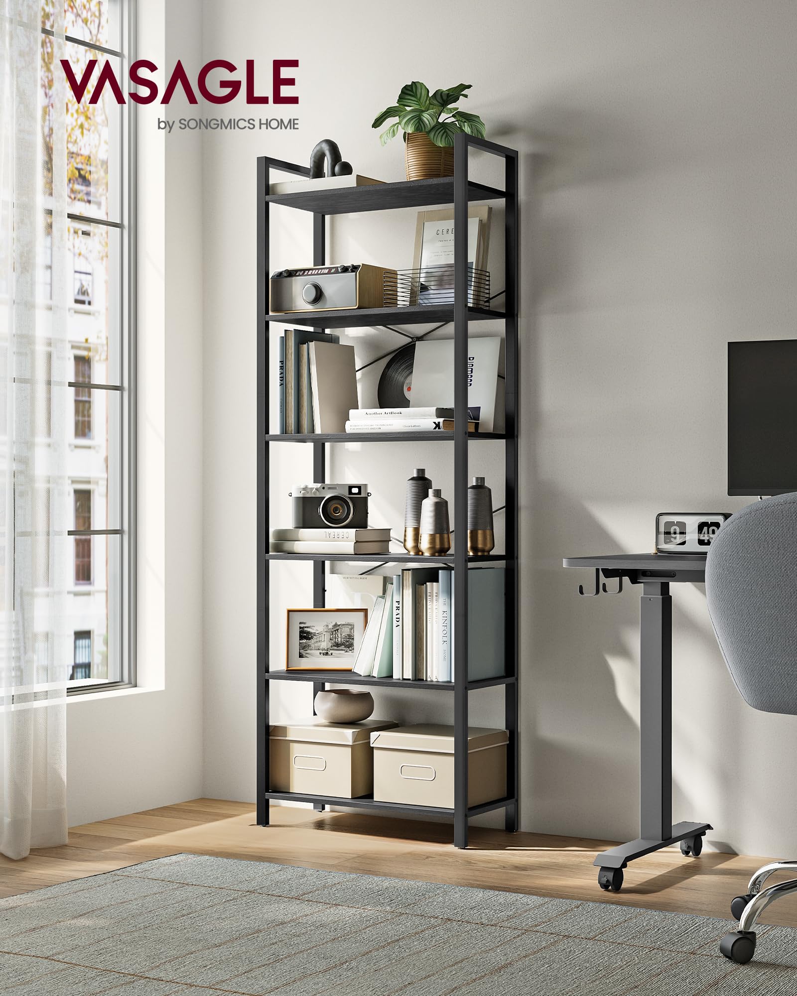 VASAGLE Libreria a 6 ripiani per ufficio, studio, soggiorno, camera da letto, 30 x 66 x 186 cm, industriale, nero ebano e nero inchiostro, LLS062B56