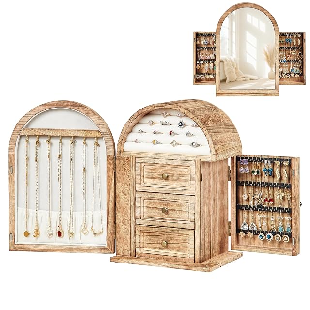 Jewelry Box Organizer Solid Wood Jewelry Box Storage Necklaces Rings Earrings Bracelets with Mirror Drawers Christmas Gifts for