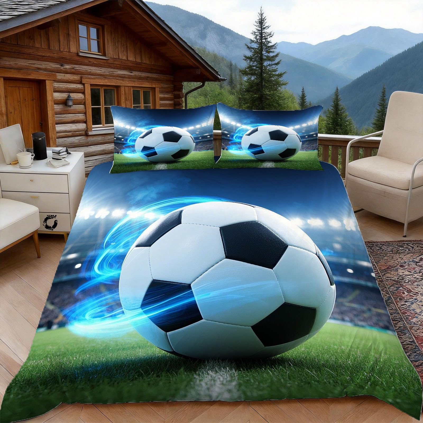 3D Single Duvet Cover Set 3D Printed Soccer Ball Bedding, Teens Adult Soft Microfibre Duvet Cover Sets Quilt Cover and Pillow Set with Zipper 3 Pcs