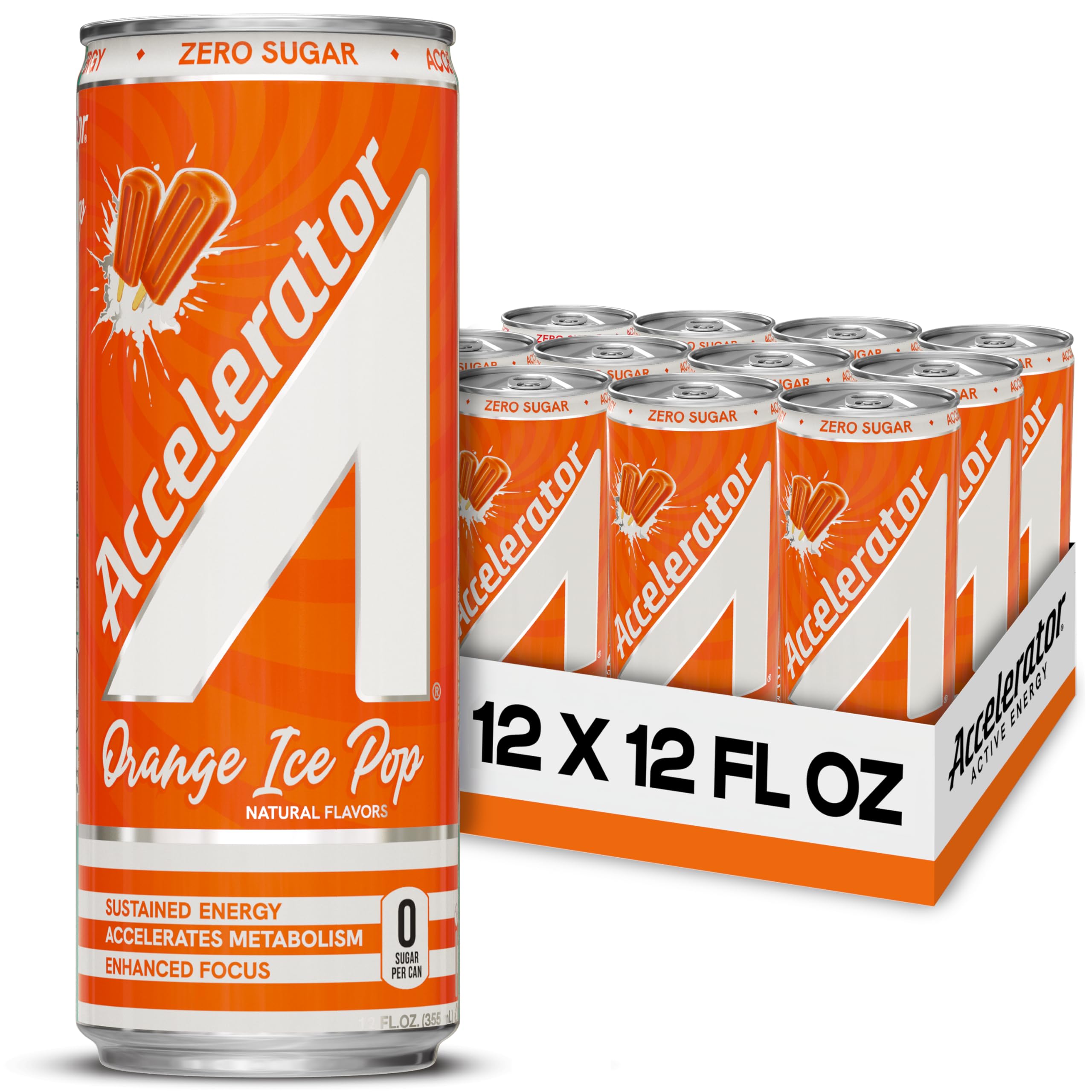 Accelerator Energy Drink, Orange Ice Pop 12oz can (12 pack), Zero Sugar, Sustained Energy from 100% Natural Caffeine (200mg from Green Coffee Bean & Green Tea extract)