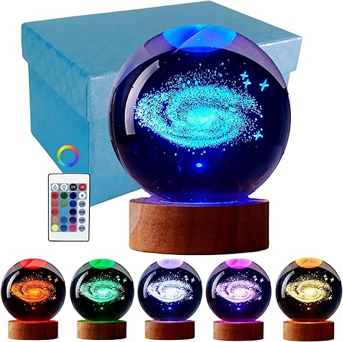 Miniatura 9 de Lámpara de bola de cristal del sistema solar 3D, luz nocturna de bola de cristal de galaxia mejorada de 3.15 pulgadas con base de madera LED de 16