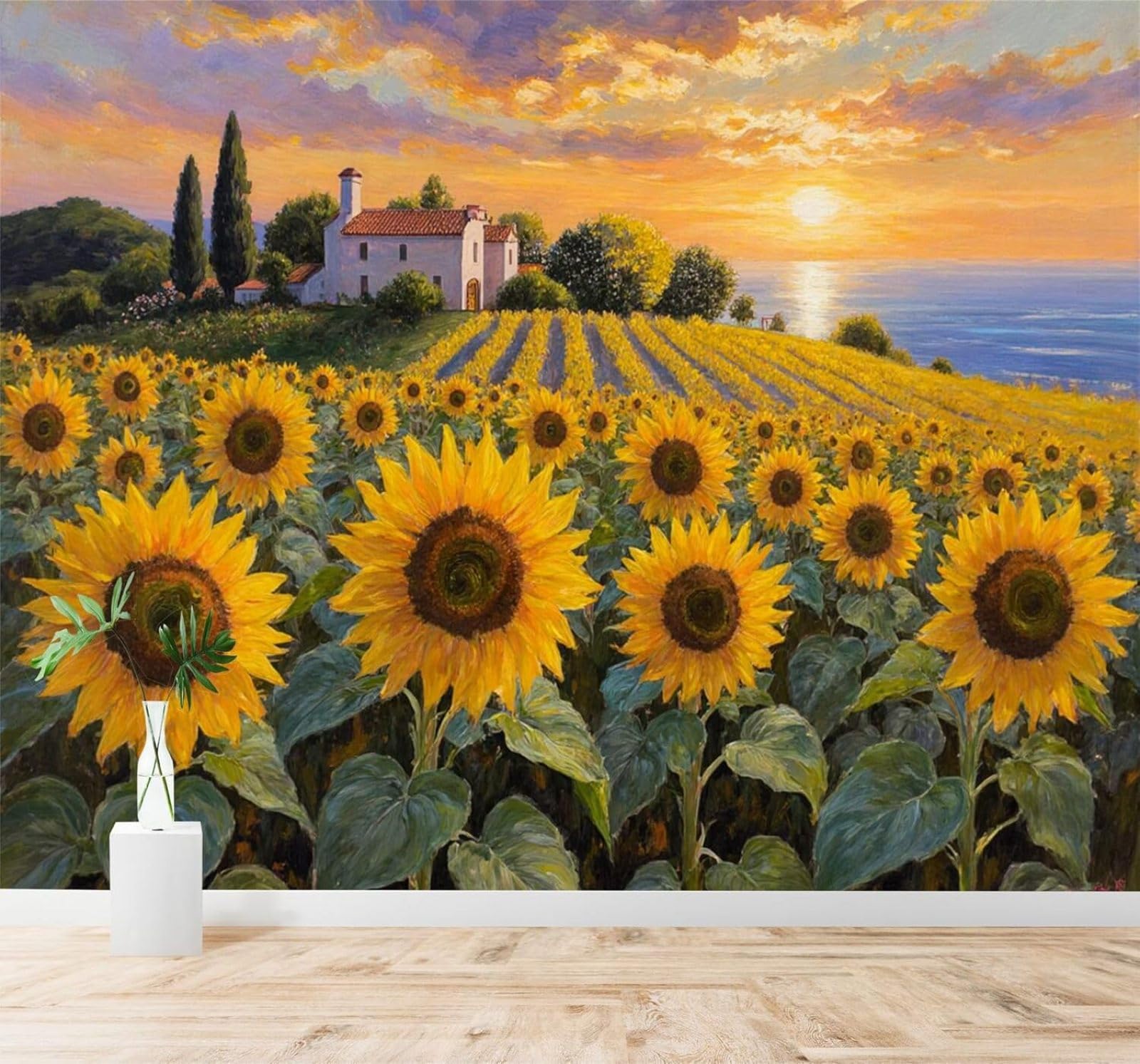 XLMING Sunflower Field Country House Seaside View Sunset Sky 3D Wallpaper Premium Textured Silk Study Dining Living Room Bedroom Sofa TV Wall Easy Install-430cm×300cm