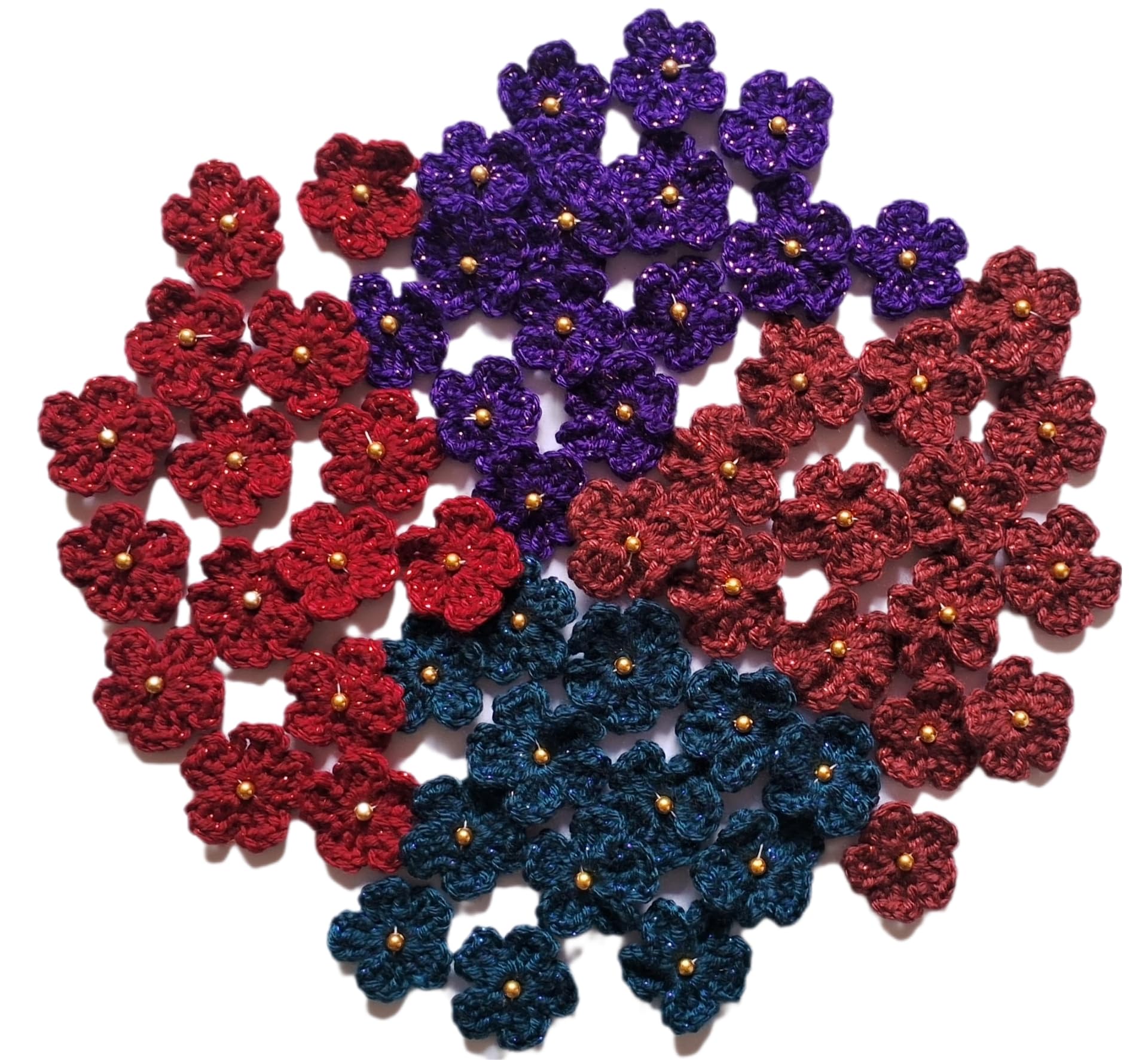 generic CROCHET FLOWERS | Handmade Crochet Flower with beads Sew On Applique Patches | Small Crochet Flower | Pack of 40, Cotton yarn ,4 Colours, Size : 4cm | For Dresses, Sarees, Crafts Making, Sewing & Embroidery, DIY Art & Craft | Handicrafts by Zealza (purple)-picture-24