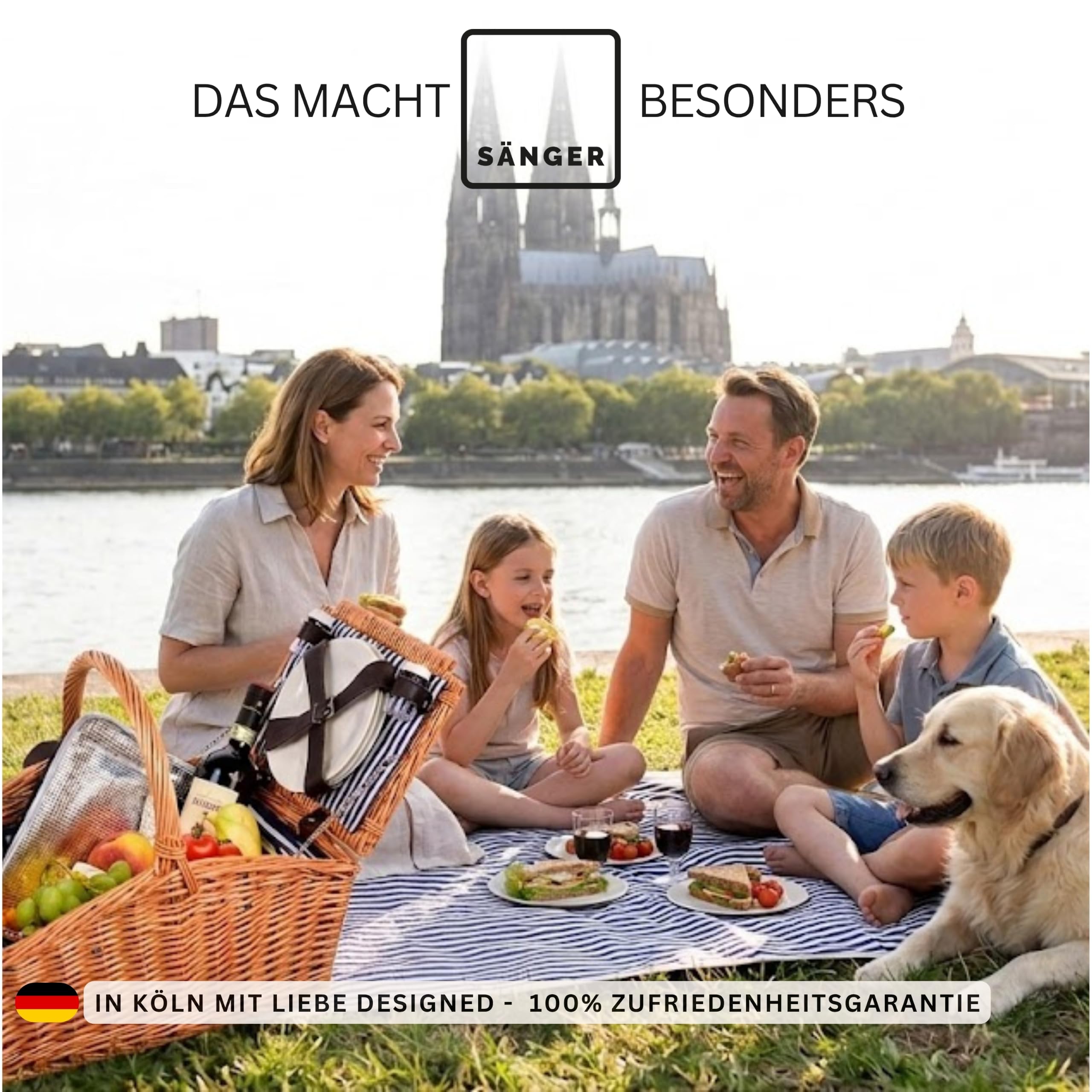 Sänger | Picknickkorb Sylt, 24-teiliges Komplettset für 4 Personen, Picknickkorb Groß, Picknick Decke & Geschirr