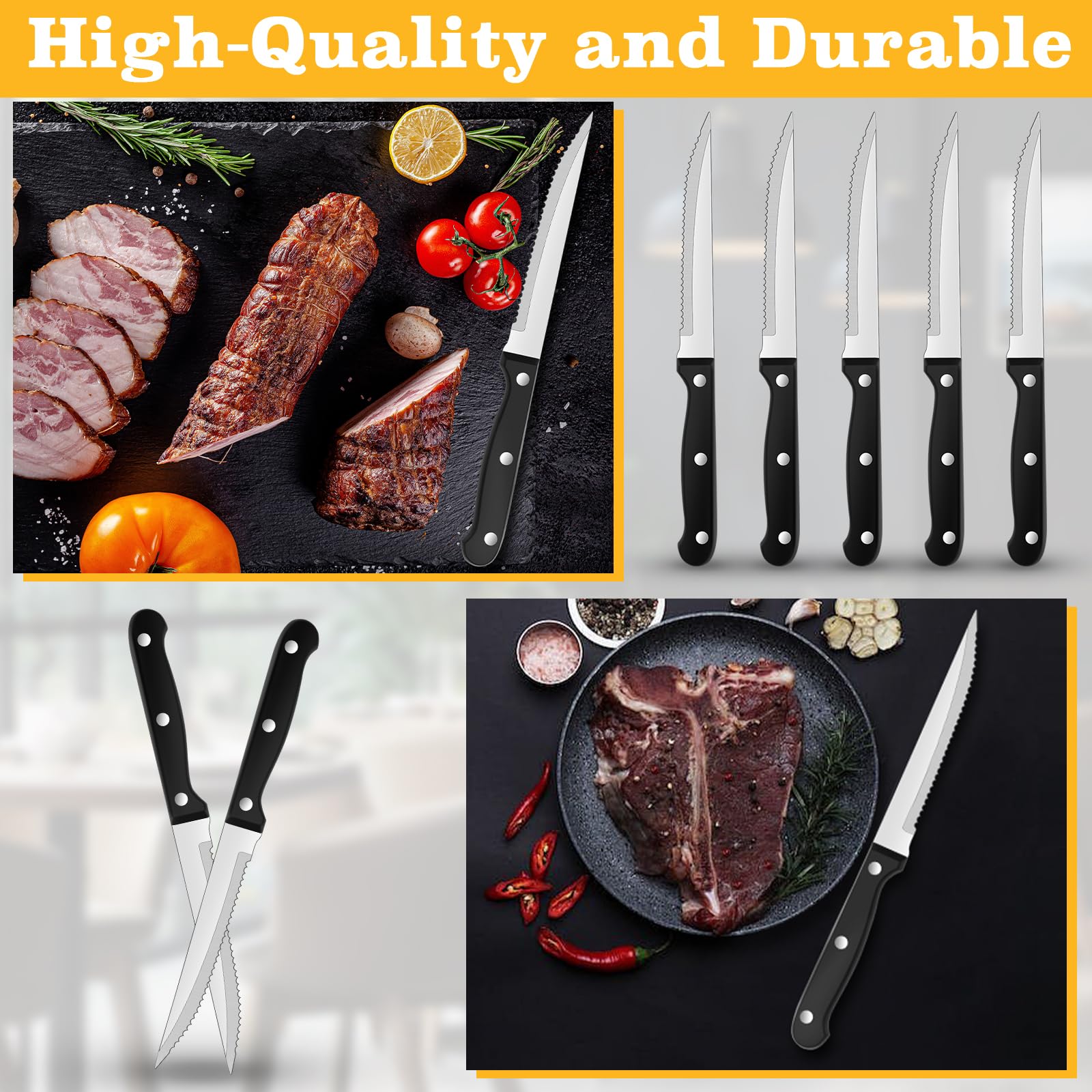 10 Stück Messerset, Steakmesser Set 21 cm, Edelstahl mit Wellenschliff, Scharfe Klingen, Tafelmesser Silber, Robuste Kunststoffgriff