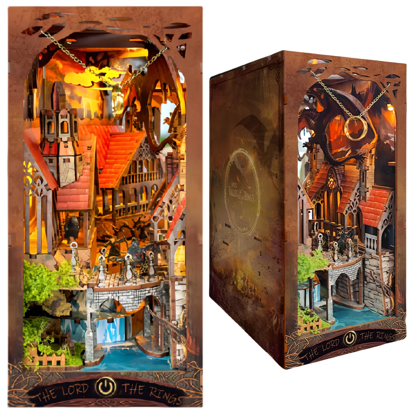 DIY Book Nook Kit The Secret Valley of Rings - Dark Dragon & Knight & Castle 3D Puzzle, Handcrafted Bookend for Adult