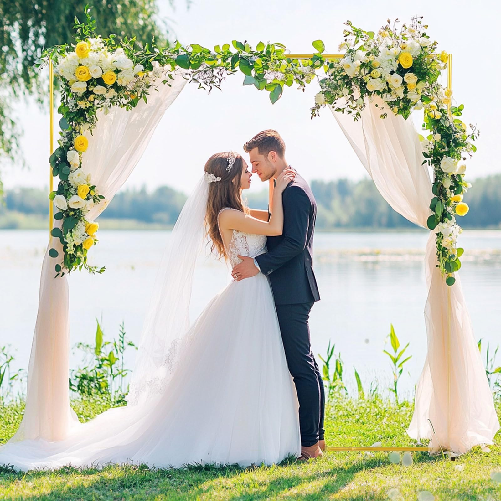 PlusFive Arco Quadrato per Matrimonio, 2 x 2m Supporto per Palloncini in Metallo, Arco per Palloncini Dorato Regolabile, Supporto da Terra in Metallo per Arco di Palloncini per Compleanno, Matrimonio