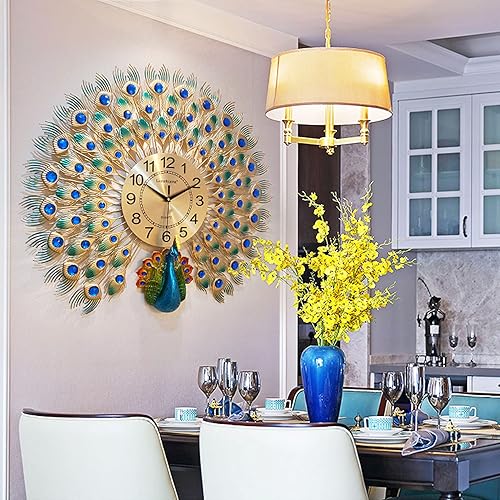 Miniatura 5 de Reloj de pared grande de pavo real de 27 pulgadas para decoración de sala de estar, metal sin tictac, silencioso - Reloj de pared grande decorativo