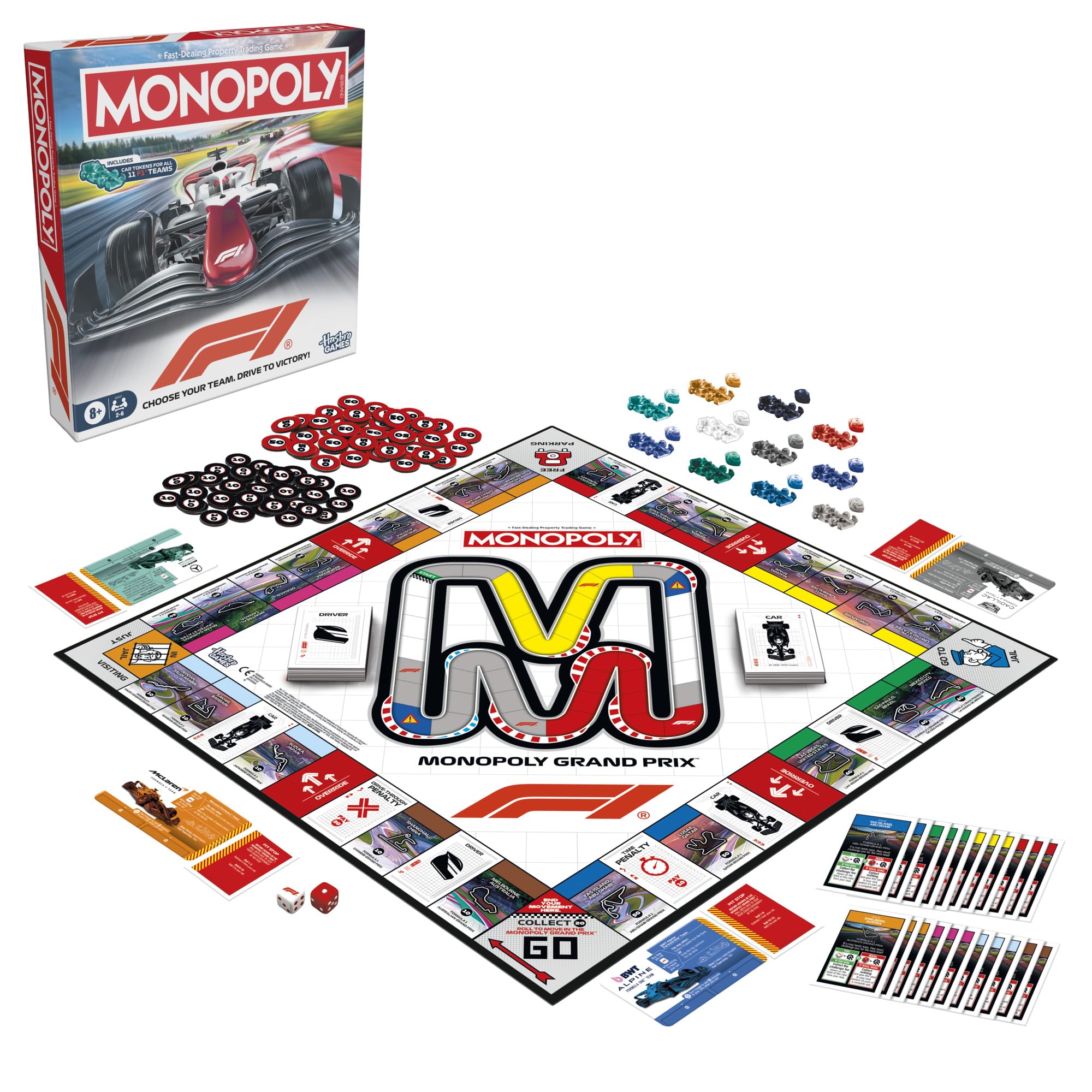 Monopoly Brettspiel F1 Edition, offiziell lizenziertes Formel 1-Spiel, Familienspiele für Kinder, Jugendliche und Erwachsene, 2–6 Spieler, 45 Minuten, ab 8 Jahren, englische Version