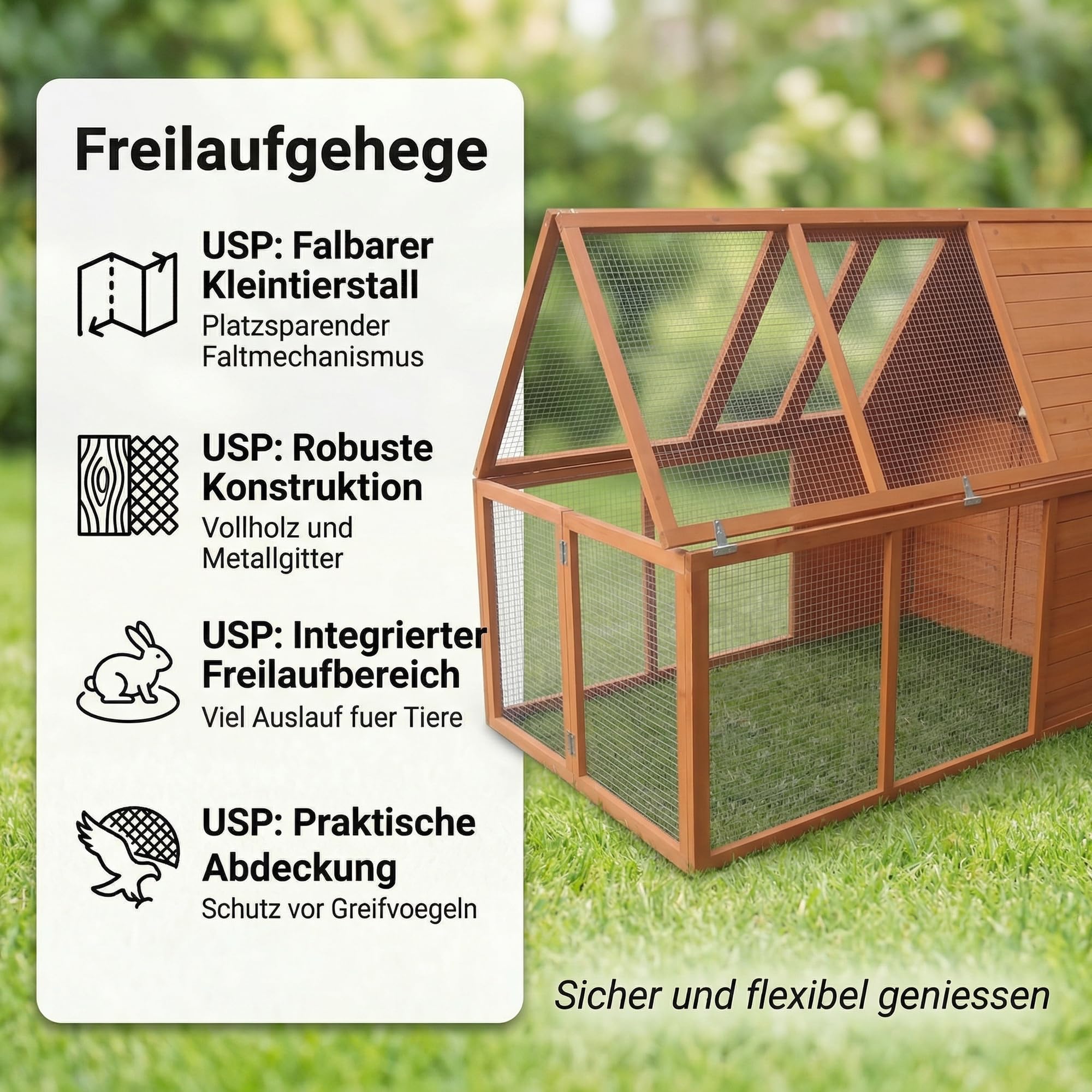 Mucola Freilaufgehege klappbar Kleintierstall draußen Outdoor Hasenstall 160x119x60cm Freigehege aus Holz mit Gitter Ausbruchsperre Freilauf