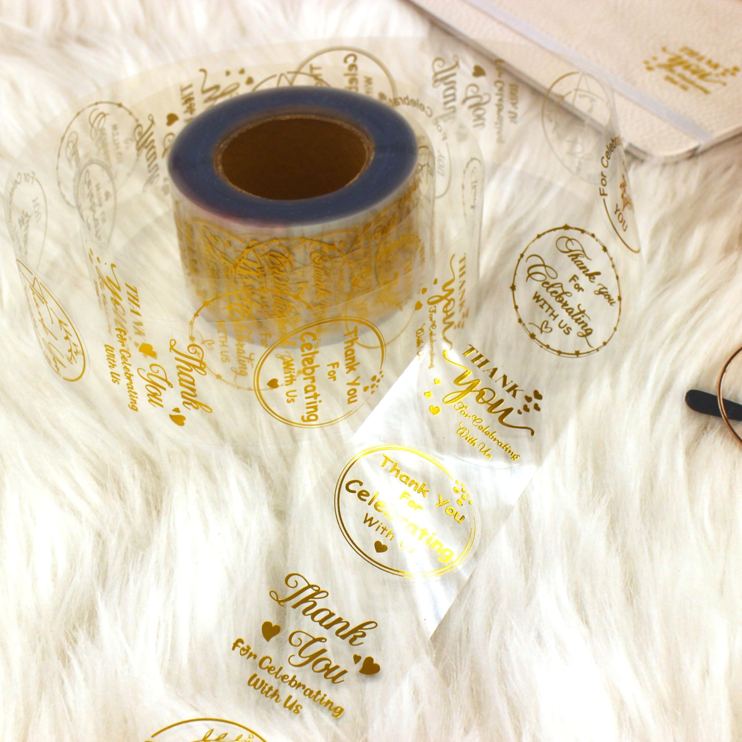 Masper Thank You for Celebrating with Us Stickers 3.8 cm, 600 Sheets, 6 Waterproof Transparent Gold Foil Shiny Designs - Image 4
