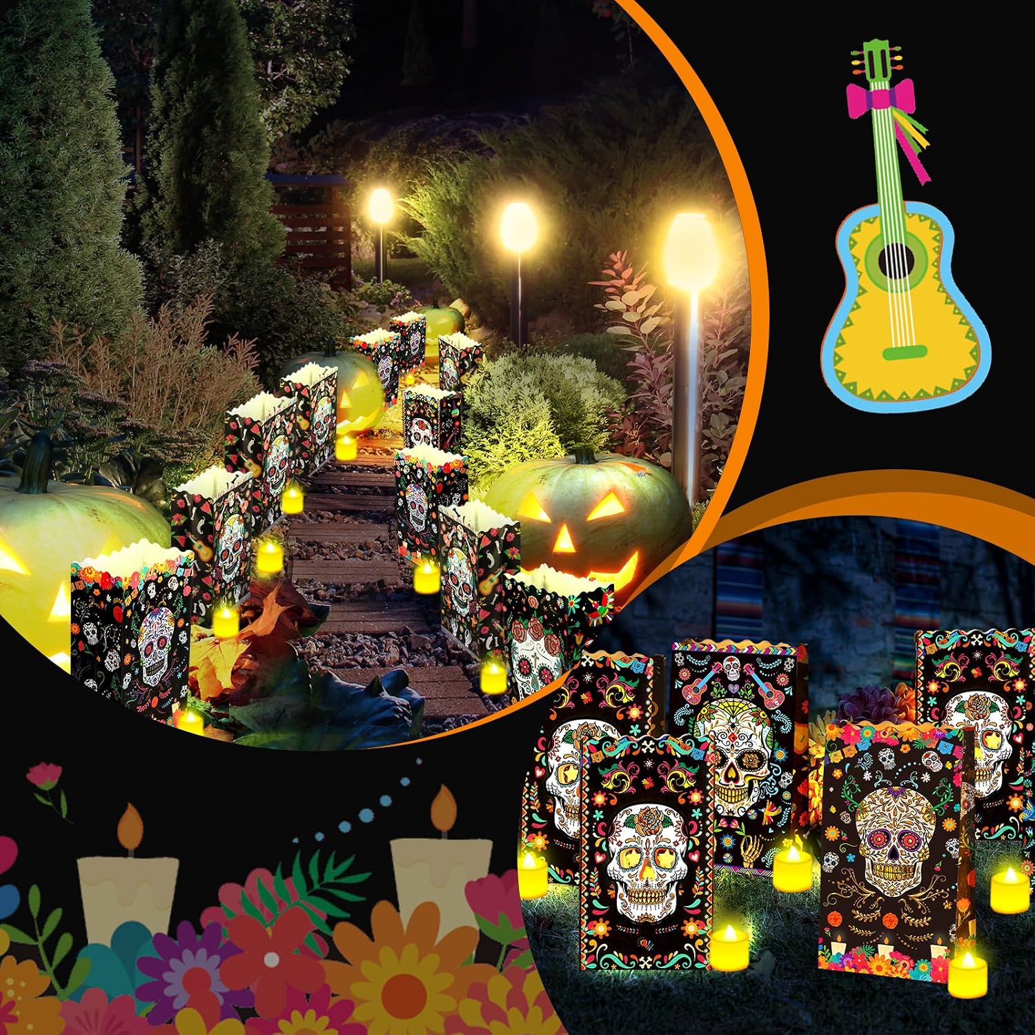 48 Pcs Halloween Day of The Dead Luminary Bags with Flameless Tea Lights 24 Pcs Black Dia de Muertos Flame Resistant Candle Bags 24 Pcs LED Light Candle