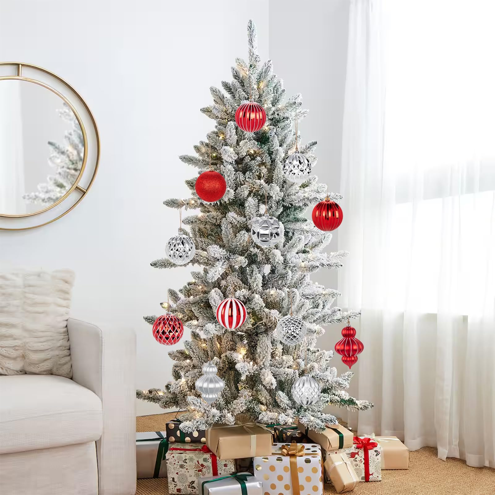 Hollyone 10CM 16CM Boules de Noël en Plastique, Lot de 12 Décorations pour Sapin de Noël, Rouge et Argent, Décorations Suspendues Incassables pour Noël, Boules de Noël Scintillantes pour Les fêtes