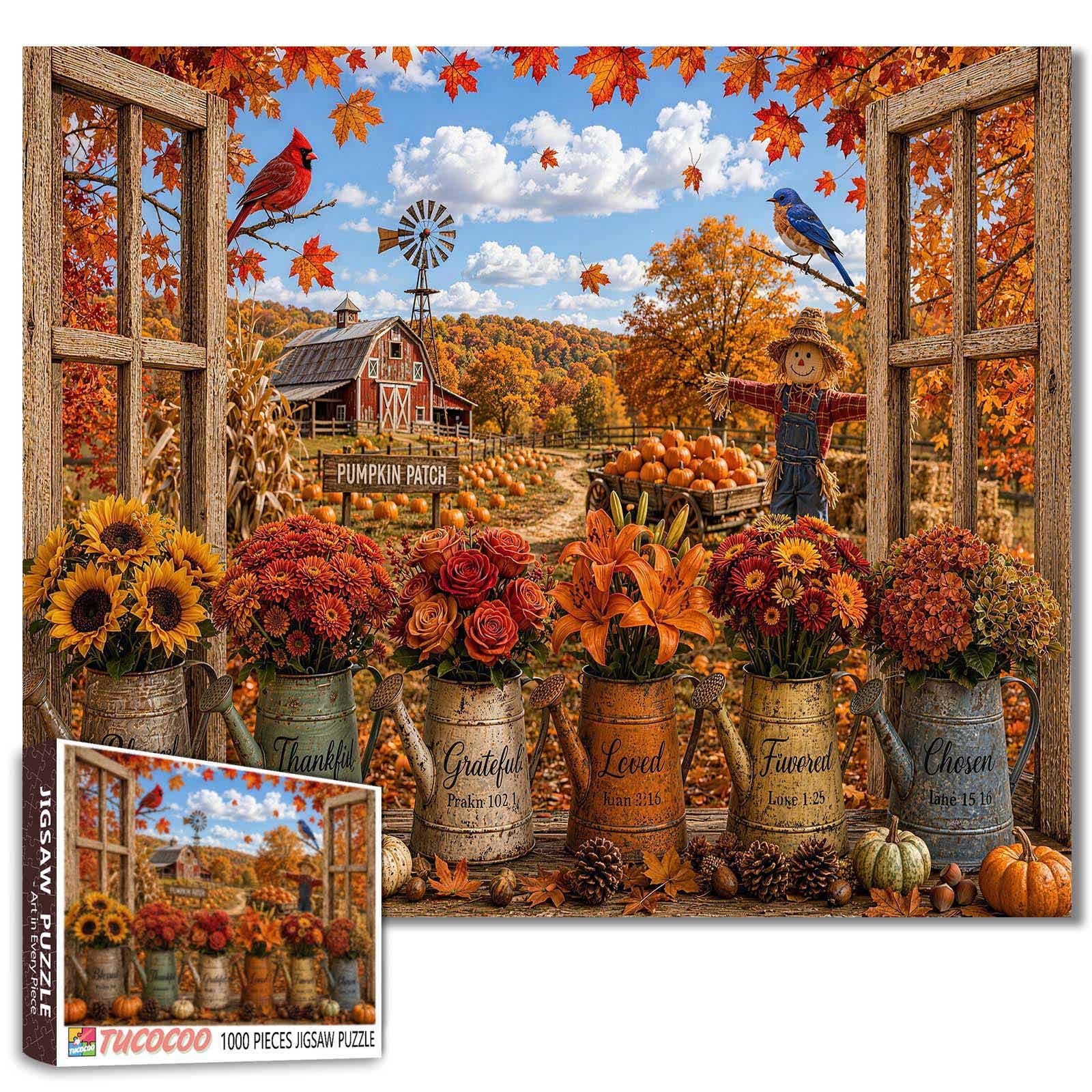 1000 Piece Puzzle for Adults Christian Fall Farmhouse Jigsaw Puzzle Autumn Flowers Pumpkin Patch Puzzles Rustic Barn Landscape with Bible Verse Floral Watering Cans Artwork Thanksgiving Decor Gift โ image 1