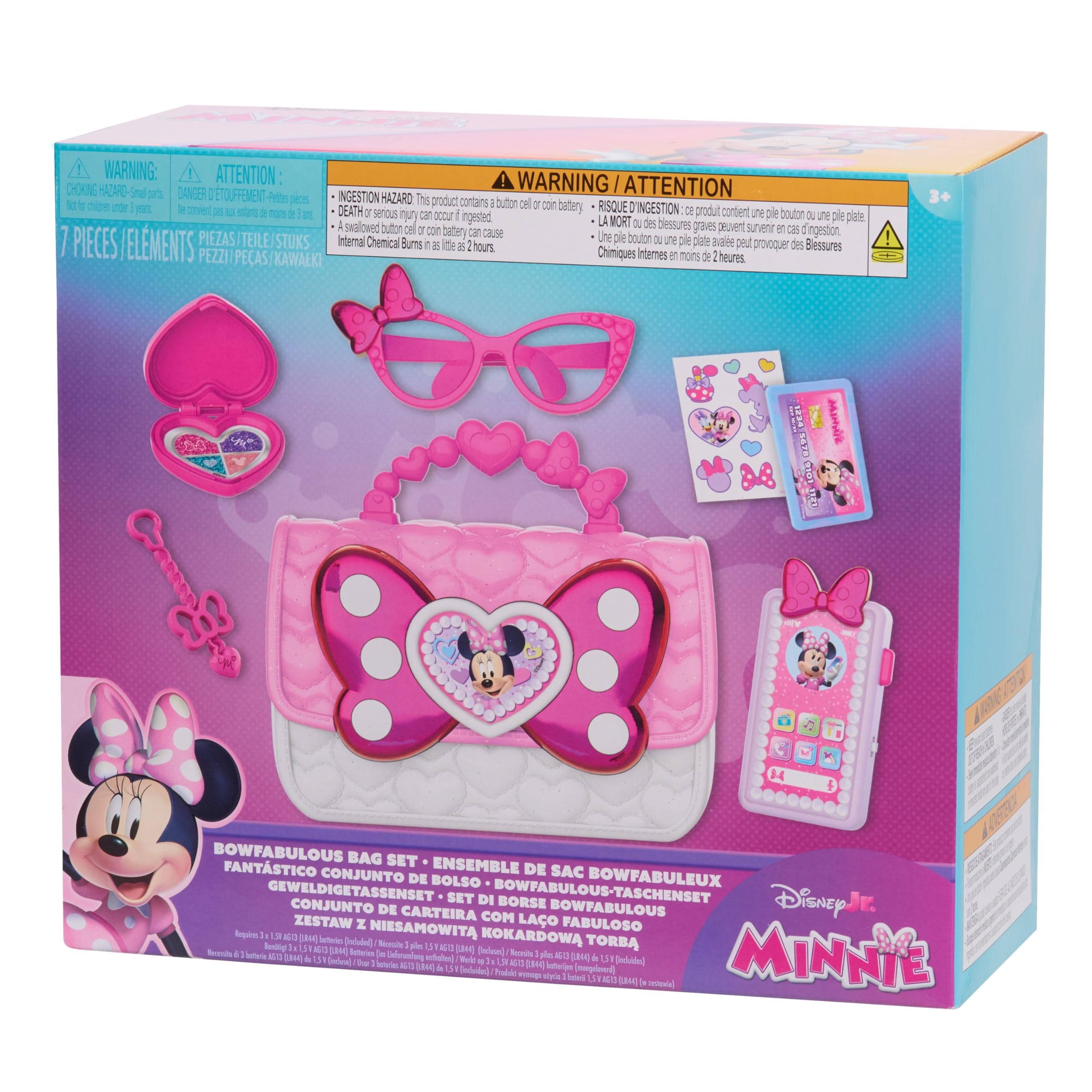 Disney Junior Minnie Mouse Bowfabulous Bag Set, 7-Piece Dress Up and Pretend Play Toy Purse