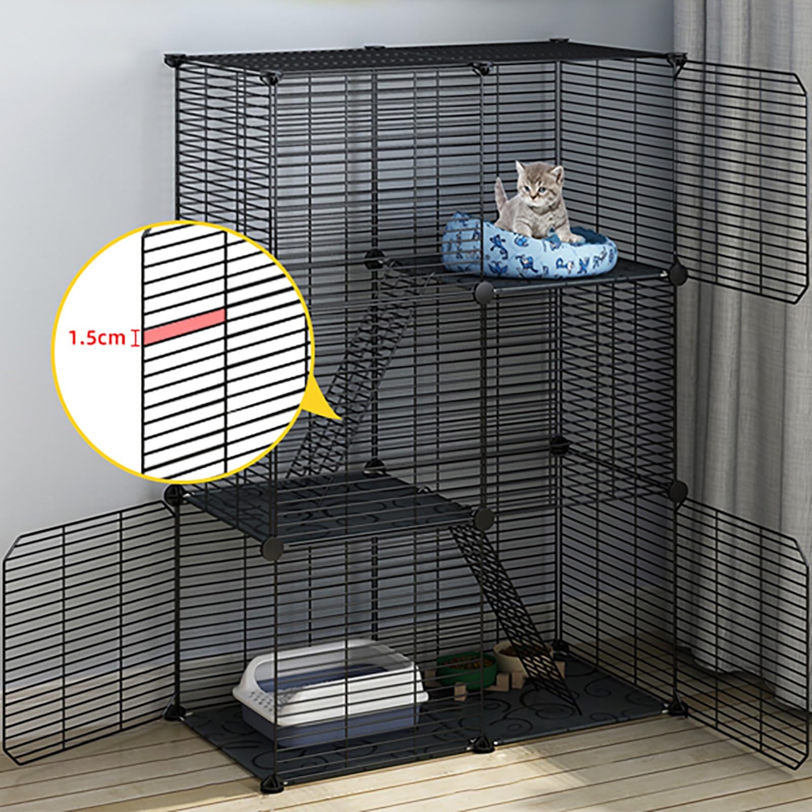 Katzenkäfig für den Innenbereich, Katzenkäfig aus Draht, Laufstall, Zwinger, Katzenlaufstall, Tierkäfig, mit Katzenstreu, Katzenhängematte und Katzentoilette, mit 1 Rampe und Leite