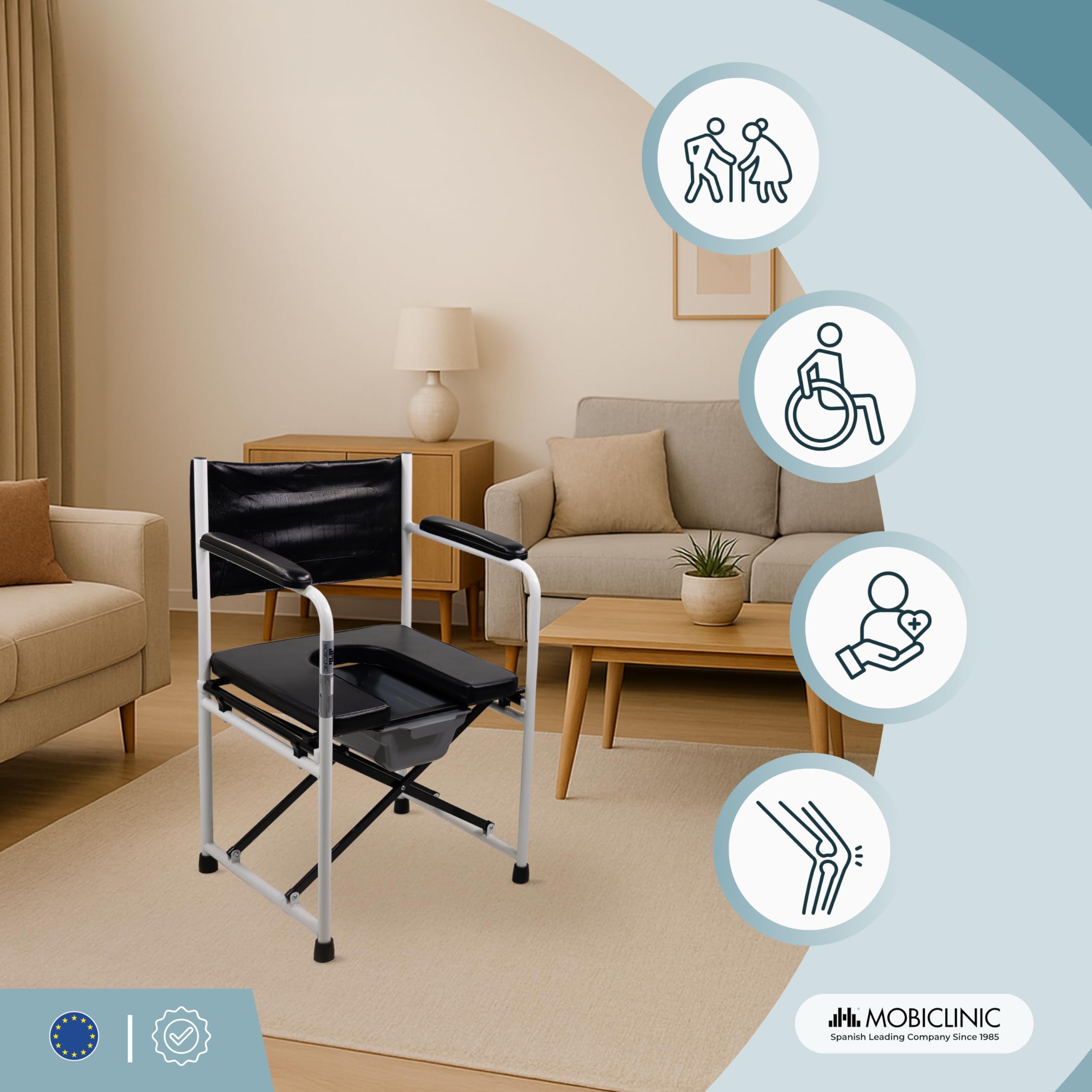 Mobiclinic®, Sedia Comoda WC, Pieghevole, Ebro, con Braccioli, Seduta Imbottita, Secchiello e Coperchio Rimovibili, Terminali Antiscivolo, Max. 100 Kg, Acciaio Cromato