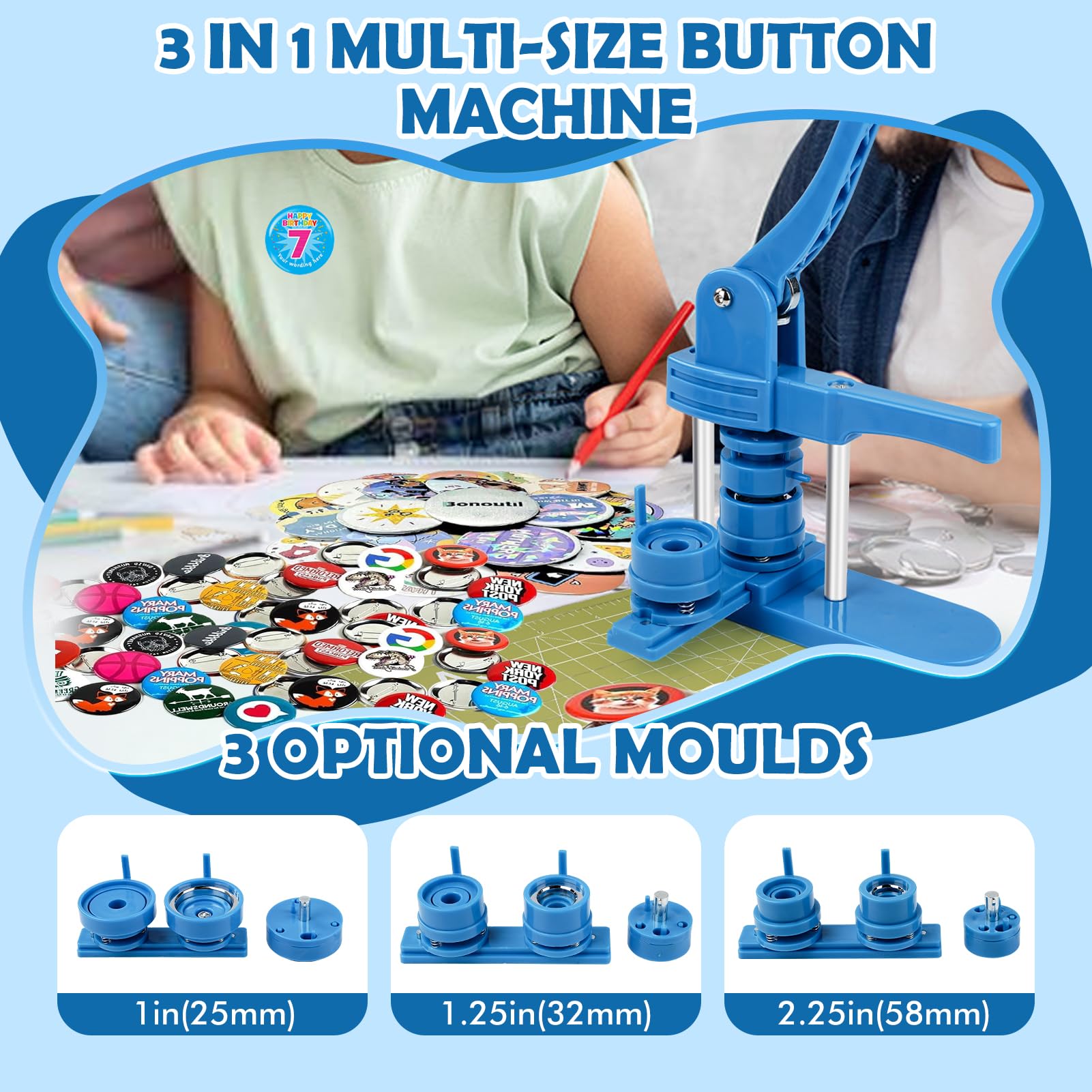 Macchina a bottone 3 in 1 da 25/32/58 mm, per fai da te, per regali fai da te, creatrice di bottoni personalizzata con 300 parti di bottoni, taglierina circolare e tappetino da taglio