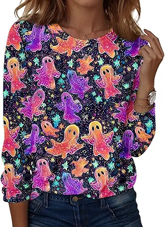 Halloween Shirts for Women Long Sleeve Plus Size Fashion Crewneck Comfortable Tshirts Halloween Costumes for Women